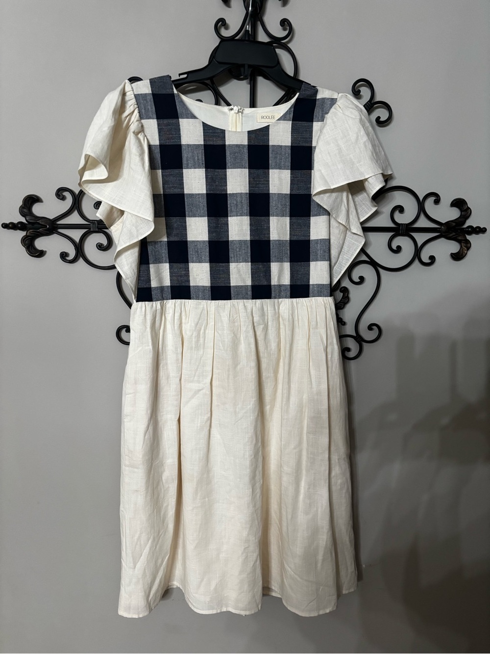 Roolee Blue/Black & Cream Gingham Ruffle Sleeve Dress Cottagecore Midi Large